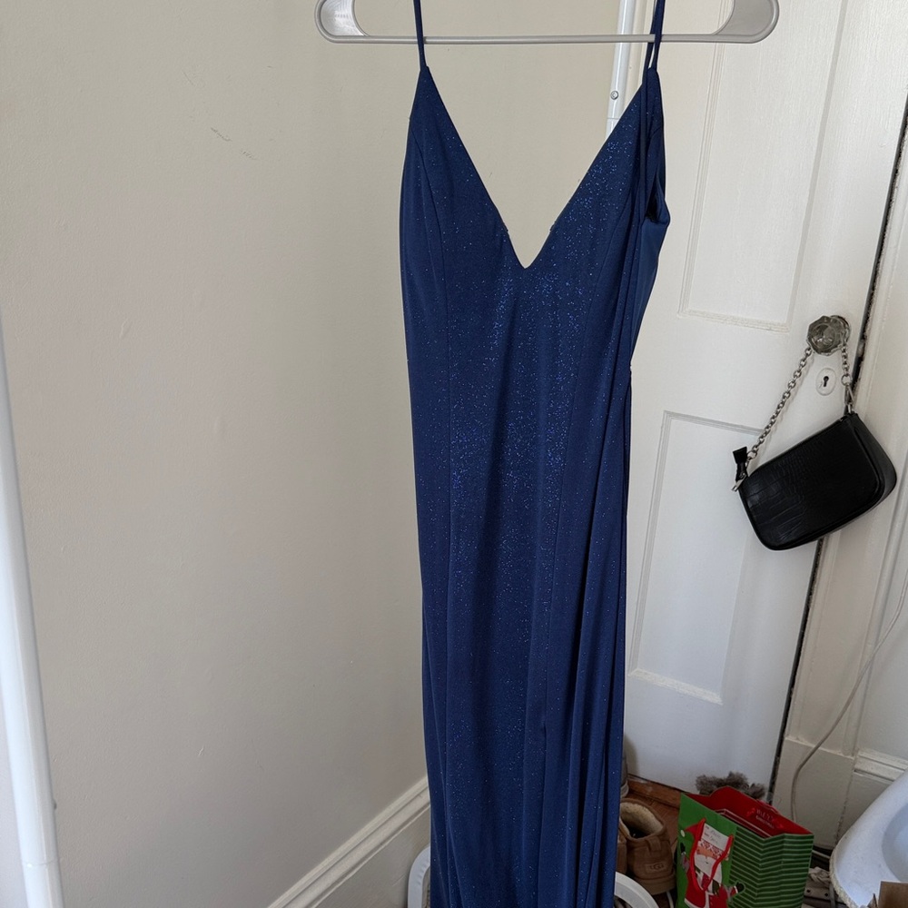 Jovani Navy Backless Spaghetti Strap Dress